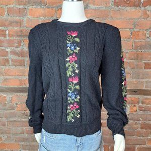 SOLDVintage Susan Bristol Sweater Black Floral Print Grannycore Size M